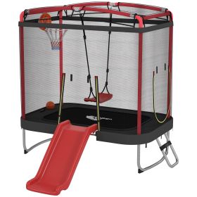 4 x 6FT Trampoline for Kids Indoor & Outdoor with Slide, Swing, Basketball Hoop and Safety Enclosure, Red
