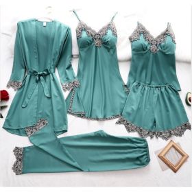 French Pajamas Spring And Summer Thin Ice Silk Nightdress Five-piece Suit (Option: Green-S)