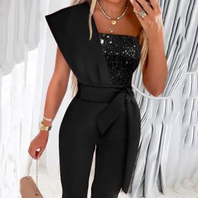 New Solid Color Sleeveless Belt Decorative Slim-fitting Patchwork Sequin Women's Trousers (Option: XL-Black)