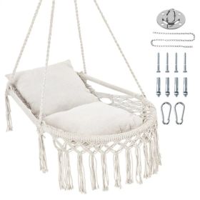 Beige Boho Macrame Hanging Swing Chair with 2 Padded Cushions, 330LBS Capacity Hammock Chair for Indoor Outdoor Bedroom Patio Balcony (Option: default title)