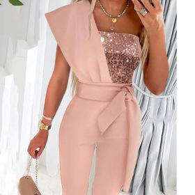 New Solid Color Sleeveless Belt Decorative Slim-fitting Patchwork Sequin Women's Trousers (Option: XS-Pink)