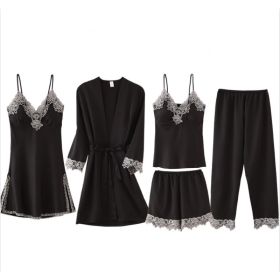French Pajamas Spring And Summer Thin Ice Silk Nightdress Five-piece Suit (Option: Black-S)