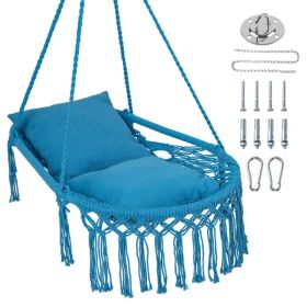 Navy Boho Macrame Hanging Swing Chair with 2 Padded Cushions, 330LBS Capacity Hammock Chair for Indoor Outdoor Bedroom Patio Balcony (Option: default title)